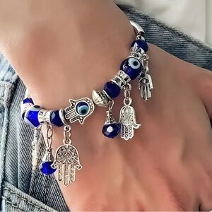 Evil Eye Hamsa Charm Bracelet Cobalt Blue Beads New in Box